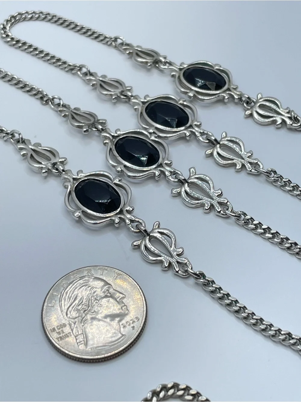 Vintage Sarah Coventry Black Glass Silver Long Statement Necklace Boho Glam